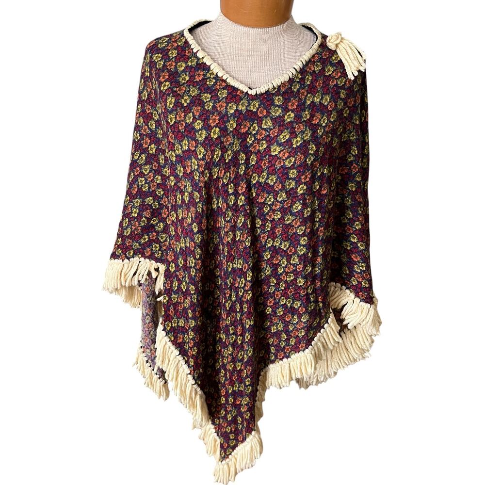 RARE VTGE 70s Poncho Hippie Floral Boho Fringed Blue Fall Handmade